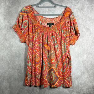 Lauren Ralph Lauren Blouse Womens 1X Orange Paisley Short‎ Sleeve Smocked Boho